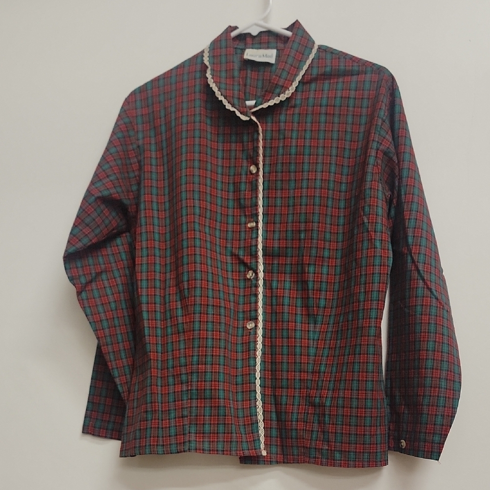 Vintage 70s 80s Red Green Plaid Blouse Lace Med/Large Victorian Barb Cosplay